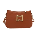 Deep brown quilted crossbody bag with a prominent golden square buckle and adjustable strap - Brown
