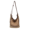 Secchiello in camoscio marrone e shearling con tracolla regolabile per donna - Cachi