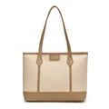 Schicke cremefarbene Web-Tote-Bag mit braunem Lederbesatz und langen Schultergriffen - Beige