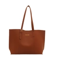 Minimalist brown leather tote bag with FASHION & BAGS gold lettering and dual shoulder straps - Brown