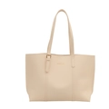 Minimalist beige tote bag with gold lettering and shoulder strap on white background - White
