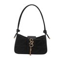 Minimalist black quilted baguette bag with gold double S hardware and tassels - Black