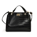 Minimalist black trapezoid handbag with crocodile pattern and golden metal twist lock - Black