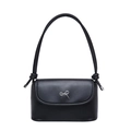 Minimalist black leather bucket bag with silver bow accent and knotted shoulder strap - Black