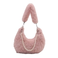 Pink plush crescent bag with pearl chain and soft faux fur for winter fashion - Pink