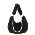Borsa a spalla in peluche nera con catena di perle e design hobo trapuntato alla moda - Nero