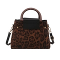 Mode Handtasche mit Leopardenmuster, Holzgriff und schwarzer Lederklappe für Damen - Braun