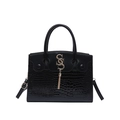 Borsa a mano nera motivo coccodrillo con logo S dorato e nappina in metallo - Nero