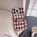 Close-up of leather checkerboard iPhone case with crossbody chain and gold clasp wallet - Argyle Lock Wallet (with Leather Chain) / Brown / iPhone 7/8/SE 2020