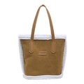 Borsa tote in pelle scamosciata marrone con bordo in ecopelliccia bianca e toppa moda - Borsa Singola / Marrone