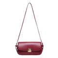 Minimalist red leather shoulder bag with vintage gold square buckle clasp and slim strap - Red