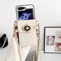 Detail of quilted leather wallet case with gold lock, pearl accents and chain strap - Samsung ZFlip3 / White