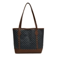 Grand sac cabas rétro avec motifs bleus et finitions en cuir marron élégant - Noir