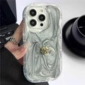 Close-up of wavy clear edge iPhone case with glitter silver marbling and gold rose charm - Silver Grey Camellia Style / iPhone 7/8/SE 2020