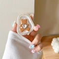 Detail of bear phone grip featuring a brown matte texture with a sparkling heart diamond - Irregular Base White Sparkle Rhinestone Bear - Brown