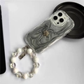 Luxury glitter epoxy iPhone case with 3D gold rose and iridescent pearl bead strap - Silver Grey Camellia With Bead Chain / iPhone 7/8/SE 2020
