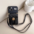 Detail of black quilted wallet phone case with golden lock and crossbody strap - Black / iPhone 7/8/SE 2020
