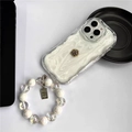 iPhone case with white glitter marble pattern, gold rose relief, and pearl hand chain - Creamy White Camellia With Bead Chain / iPhone 7/8/SE 2020