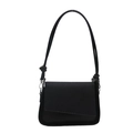 Black woven textured shoulder bag with asymmetric flap design and knotted strap detail - Black
