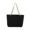Bolso tote negro acolchado con rombos y asas de cuerda color crema para uso diario - Negro