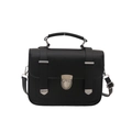 Classic black messenger crossbody bag with silver buckles and top handle on white background - Black
