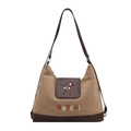 Zaino casual in pelle scamosciata di grande capacità marrone con ricamo di un cucciolo - Cachi