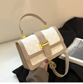 Beige and white crossbody square bag with gold buckle and chain strap for women - White