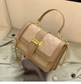Beige faux leather crossbody bag with plaid embossing and golden rectangular metal lock - Khaki