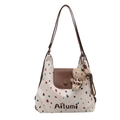 Weiße Polka-Dot Handtasche mit braunem Verschluss und Katzen-Plüschanhänger - Weiß Bunte Punkte (Mit Leopardenkatzen-Anhänger) / Weiß mit Anhänger