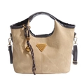 Bolso cubo de lona caqui de moda con ribete de cuero marrón y placa de logotipo - Sin colgante / Marrón