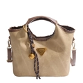Bolso saco de lona caqui con ribetes de cuero marrón y placa metálica con logo - Sin colgante / Marrón