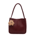 Retro large capacity commute shoulder tote bag in deep wine red finish with bear pendant - Bag Only / Burgundy