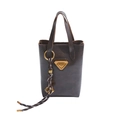 Retro dark brown leather mini bucket bag with triangle logo and decorative cord - With Pendant / Brown