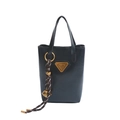 Black pebbled leather minimalist tote bag with golden triangle logo and tassel keychain - With Pendant / Black