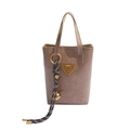 Brown leather mini handbag with gold triangle plate and decorative woven rope - With Pendant / Khaki