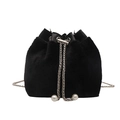 Fashionable black faux fur bucket bag with silver chain drawstring and pearl accents - Black