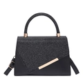 Fashionable black crossbody handbag with silver glitter flap and gold hardware accents - Black