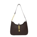 Dark brown leather hobo bag with gold vertical lock and chain strap on white background - Brown