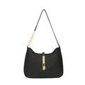 Minimalist black hobo shoulder bag with a gold metal lock and leather chain strap - Black
