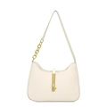Minimalist cream white leather hobo bag with gold chain strap and metal lock detail - White
