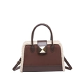 Brown faux leather crossbody bag with white shearling trim and golden square buckle detail - Brown