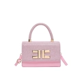 Pink sequin and PU leather shoulder bag featuring a golden double E clasp on white background - Pink