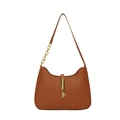 Chic caramel hobo shoulder bag with a sleek gold metal buckle and leather-chain strap - Tan