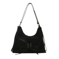 Black large capacity tote bag with decorative bow and gold rings on white background - Black
