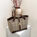 Classic houndstooth wool tote bag with brown leather trim and golden metal lock - Khaki Without Pendant