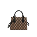 Vintage trapezoid handbag with brown geometric pattern and black leather handles - Black