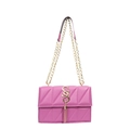 Pink quilted shoulder bag with gold chain strap and tassel charm on white background - Purple