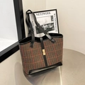 Brown and black plaid wool tote bag with black leather trim and golden metal clasp - Coffee No Pendant