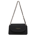 Classic black leather flap crossbody bag with gold text and chain shoulder strap - Black