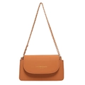 Brown leather flap crossbody bag with gold chain strap and fashion lettering - Brown